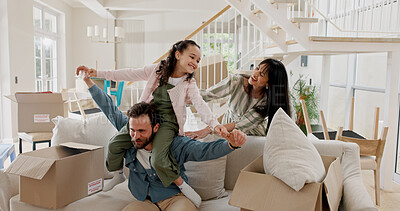 Buy stock photo Smile, child and flying with parents in new house for fun activity, airplane games and bonding together. Happy, family or lifting kid on shoulder for fantasy adventure, connection and playful weekend
