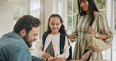 Buy stock photo Happy child, parents and report card for education results, exam pass or test success. Mom, dad and girl with good grades in family home, pride and reading paper for academic performance achievement