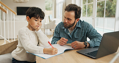 Buy stock photo Homeschool, parent or child in house with laptop, teaching or support for academic development. Education, tech or family together at table with writing, homework or guidance in remote learning.