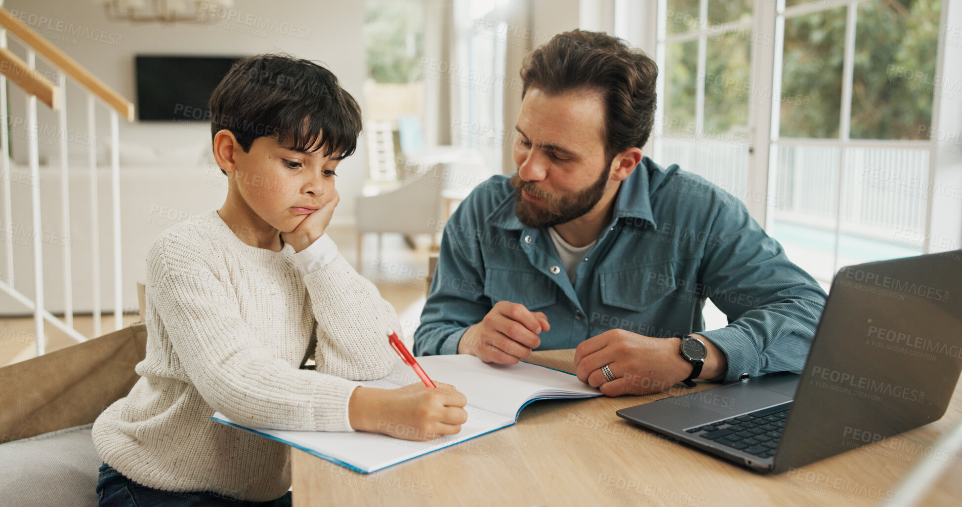 Buy stock photo Homeschool, parent or child in house with laptop, teaching or support for academic development. Education, tech or family together at table with writing, homework or guidance in remote learning.