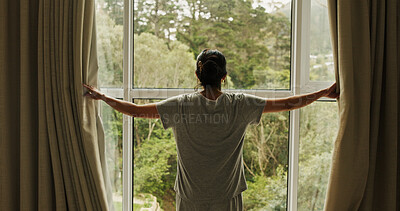 Buy stock photo Wake up, window and back of woman in hotel room for morning routine, accommodation getaway and relax. Curtain, hospitality and view with person in house rental for comfortable, trip and sunrise