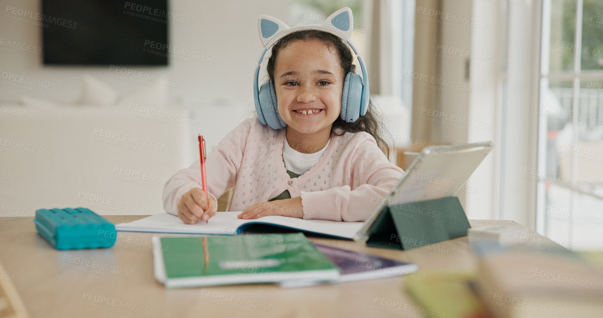 Buy stock photo Home, portrait and child with headphones, online education and listening to audio lesson or writing. Happy, student and girl with tech for homework, elearning and development with notebook in USA
