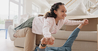 Buy stock photo Smile, child and flying with father in new house for fun activity, airplane games and bonding together. Happy, man and lifting kid in air for fantasy adventure, family connection and playful weekend