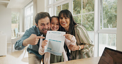 Buy stock photo Portrait, school report and parents with child in home for score, good grades and exam results. Pointing, proud family and happy mom, dad and girl with card for education, learning success or support