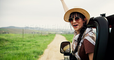 Buy stock photo Woman, car and window with sunglasses for road trip, adventure and travel or journey in countryside. Excited, female person and passenger with transport in vehicle for holiday, vacation or tourism