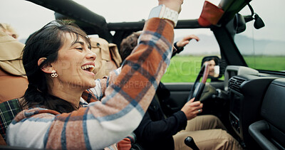 Buy stock photo Road trip, driving and happy with friends in car for holiday, adventure and explore. Tourism vacation, transport and bonding with people with vehicle in countryside, sightseeing and destination