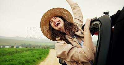 Buy stock photo Woman, car and window with travel for road trip, adventure and freedom or journey in countryside. Excited, female person and passenger with transport in vehicle for holiday, vacation and tourism