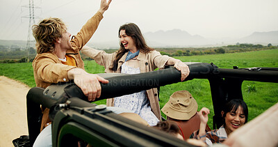 Buy stock photo Road trip, travel and group of friends in truck for holiday, journey and exploring together. Happy, adventure and people in vehicle for bonding outdoor for sightseeing in countryside for vacation.