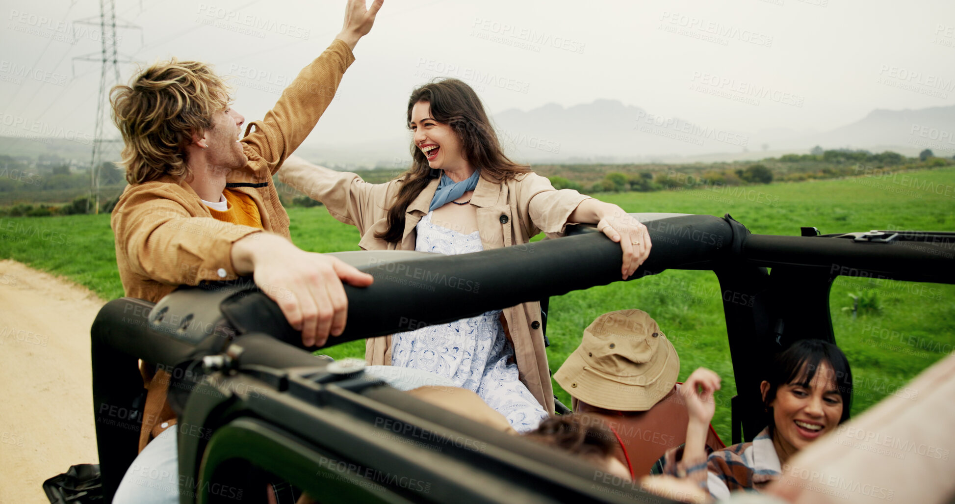 Buy stock photo Road trip, travel and group of friends in truck for holiday, journey and exploring together. Happy, adventure and people in vehicle for bonding outdoor for sightseeing in countryside for vacation.