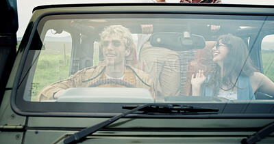 Buy stock photo Road trip, driving and travel with friends in car for holiday, adventure and explore. Tourism vacation, transport and bonding with people with vehicle for environment, sightseeing and destination