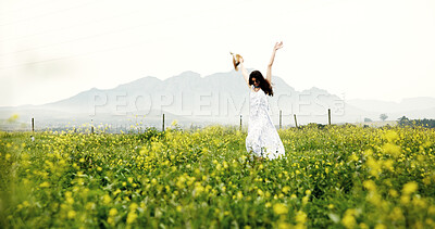 Buy stock photo Dancing, woman and freedom in field, fun and adventure in nature, traveler and fresh air on holiday. Outdoor, space and person on summer vacation, excited and break in countryside or celebration