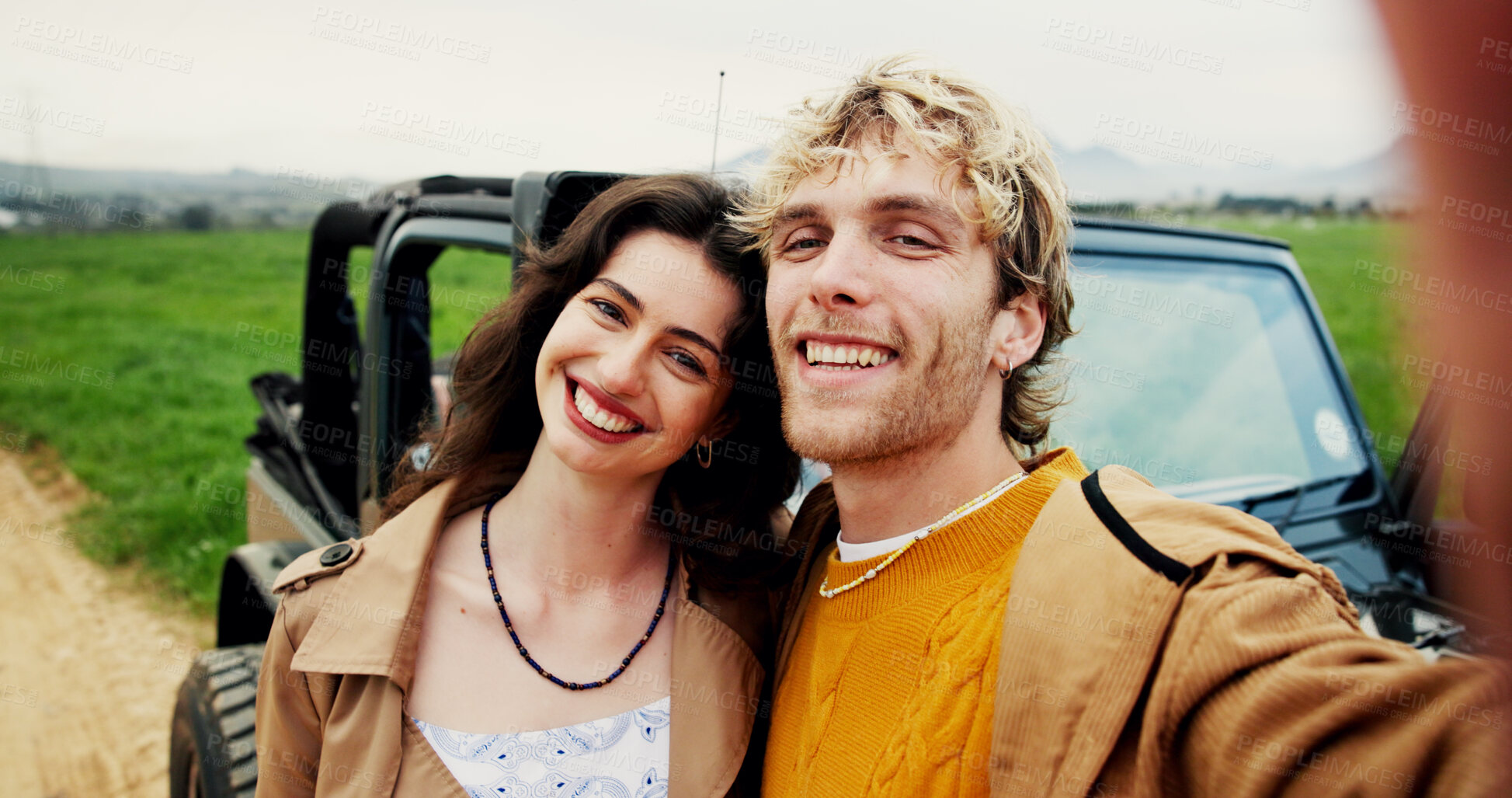 Buy stock photo Selfie, travel and couple with happiness, love and memory with anniversary, photography and road trip. Countryside, outdoor and man with woman, profile picture and adventure with journey and gen z