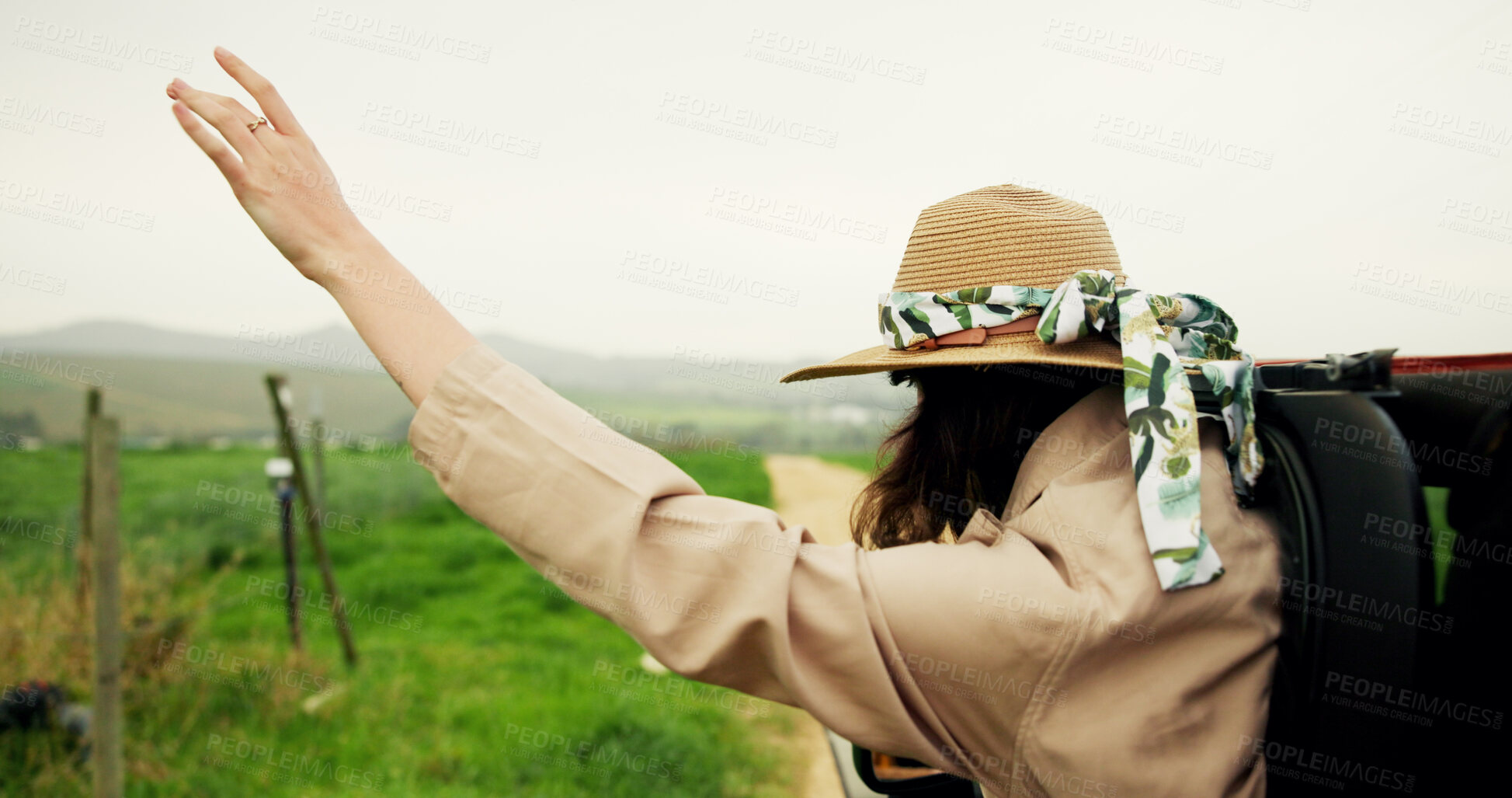 Buy stock photo Back, woman and window of car for road trip with fresh air, travel and adventure freedom. Female person, vehicle and breeze with sensory experience, fun journey and explore nature for safari holiday