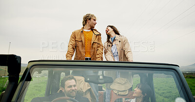 Buy stock photo Road trip, car and couple with love, travel and bonding together with vacation. Happy people, group and men with women, countryside and holiday with weekend break, tourism and journey in Italy