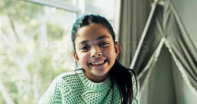 Buy stock photo Portrait, girl or fort in bedroom with smile for imaginative play, weekend break and childhood memory. Happy, child and relax in home with kids castle for creativity, fun activity and school holiday.