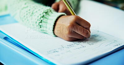 Buy stock photo Learning, hands and child writing in classroom for fine motor skills, language activity or assessment. Book, kid student and handwriting practice at school for academic development, literacy or study