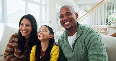 Buy stock photo Home, funny and family on sofa, girl and bonding together with happiness in living room. Parents, mother and father on couch, apartment and daughter with humor, laughing and relax with smile and calm