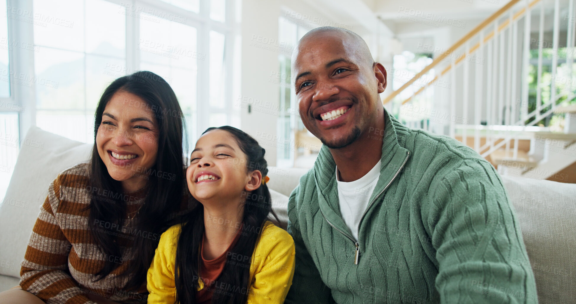 Buy stock photo Home, funny and family on sofa, girl and bonding together with happiness in living room. Parents, mother and father on couch, apartment and daughter with humor, laughing and relax with smile and calm