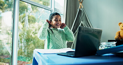 Buy stock photo Girl, child and happy with laptop for homeschool, online course and elearning with development in house. Kid, education and smile for video call, books or virtual class with attention at apartment