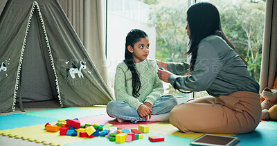 Buy stock photo  Woman, doctor and child with stethoscope on floor with toys, breathing and assessment at clinic. Person, pediatrician and consultation with medical equipment, girl or listen for symptoms at hospital