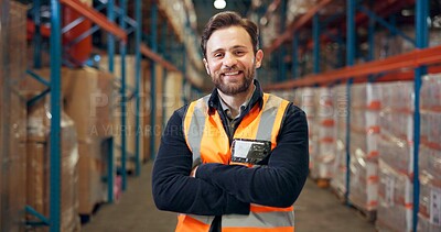 Buy stock photo Happy man, portrait and supplier with confidence in warehouse for storage maintenance service. Male person, distributor or smile with arms crossed, cargo or shipping depot for supply chain business