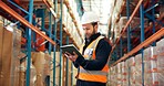 Man, logistics or inspection with tablet in warehouse for inventory checklist or storage control. Male person, supplier or checking cargo with technology for distribution or supply chain in depot