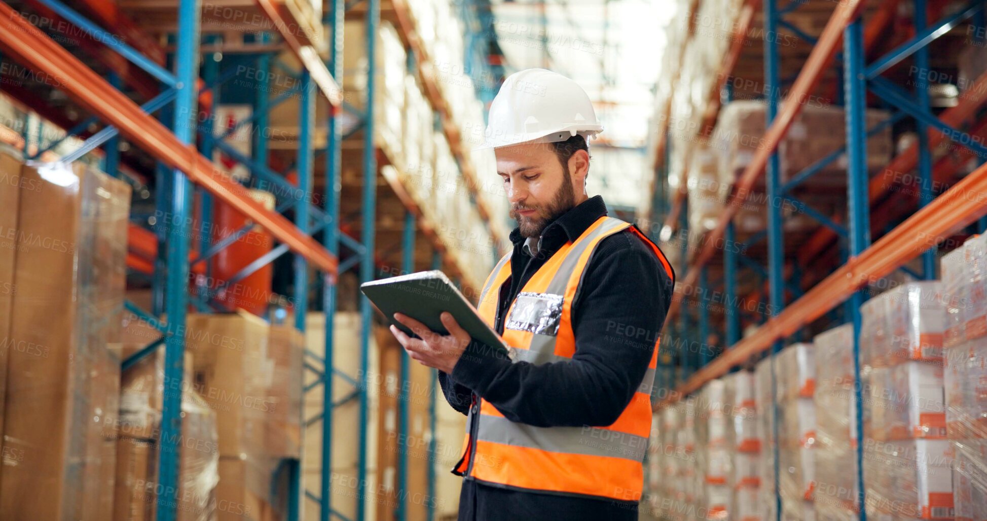 Buy stock photo Man, logistics or inspection with tablet in warehouse for inventory checklist or storage control. Male person, supplier or checking cargo with technology for distribution or supply chain in depot