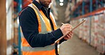 Logistics, writing and hands with clipboard in warehouse, distribution and info for quality control. Factory, distributor and person with checklist for stock inventory, supply chain and shipping