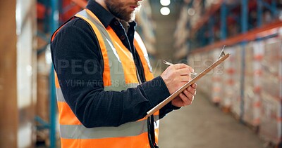 Buy stock photo Logistics, writing and hands with clipboard in warehouse, distribution and info for quality control. Factory, distributor and person with checklist for stock inventory, supply chain and shipping