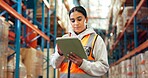 Woman, logistics and reading on tablet in warehouse for supply chain, shipping info and quality control. Person, digital and check for inventory management, compliance and cargo inspection for export