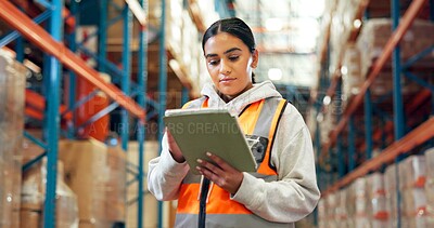 Buy stock photo Woman, logistics and reading on tablet in warehouse for supply chain, shipping info and quality control. Person, digital and check for inventory management, compliance and cargo inspection for export