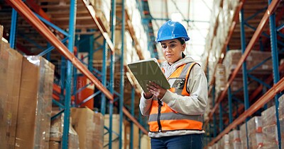 Buy stock photo Distribution, online and woman with tablet in warehouse, browsing and research for quality assurance. Factory, distributor and person with tech for stock inventory, logistics and supply chain on web
