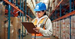 Logistics, writing and woman with clipboard in warehouse, distribution and info for quality control. Factory, distributor and person with checklist for stock inventory, supply chain and shipping