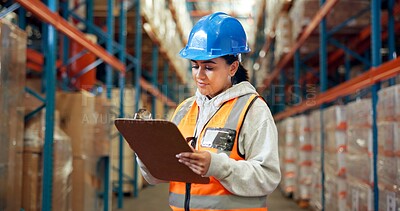 Buy stock photo Logistics, writing and woman with clipboard in warehouse, distribution and info for quality control. Factory, distributor and person with checklist for stock inventory, supply chain and shipping