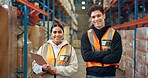 Portrait, people and smile for logistics in warehouse with career pride, about us and supply chain. Happy, team and arms crossed with clipboard, inventory management and checklist for distribution