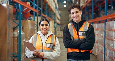 Buy stock photo Portrait, people and smile for logistics in warehouse with career pride, about us and supply chain. Happy, team and arms crossed with clipboard, inventory management and checklist for distribution