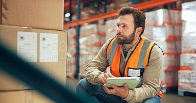 Buy stock photo Man, logistics and boxes with tablet in warehouse for supply chain, shipping info and pricing. Person, package and digital for inventory management, label update and cargo inspection for distribution