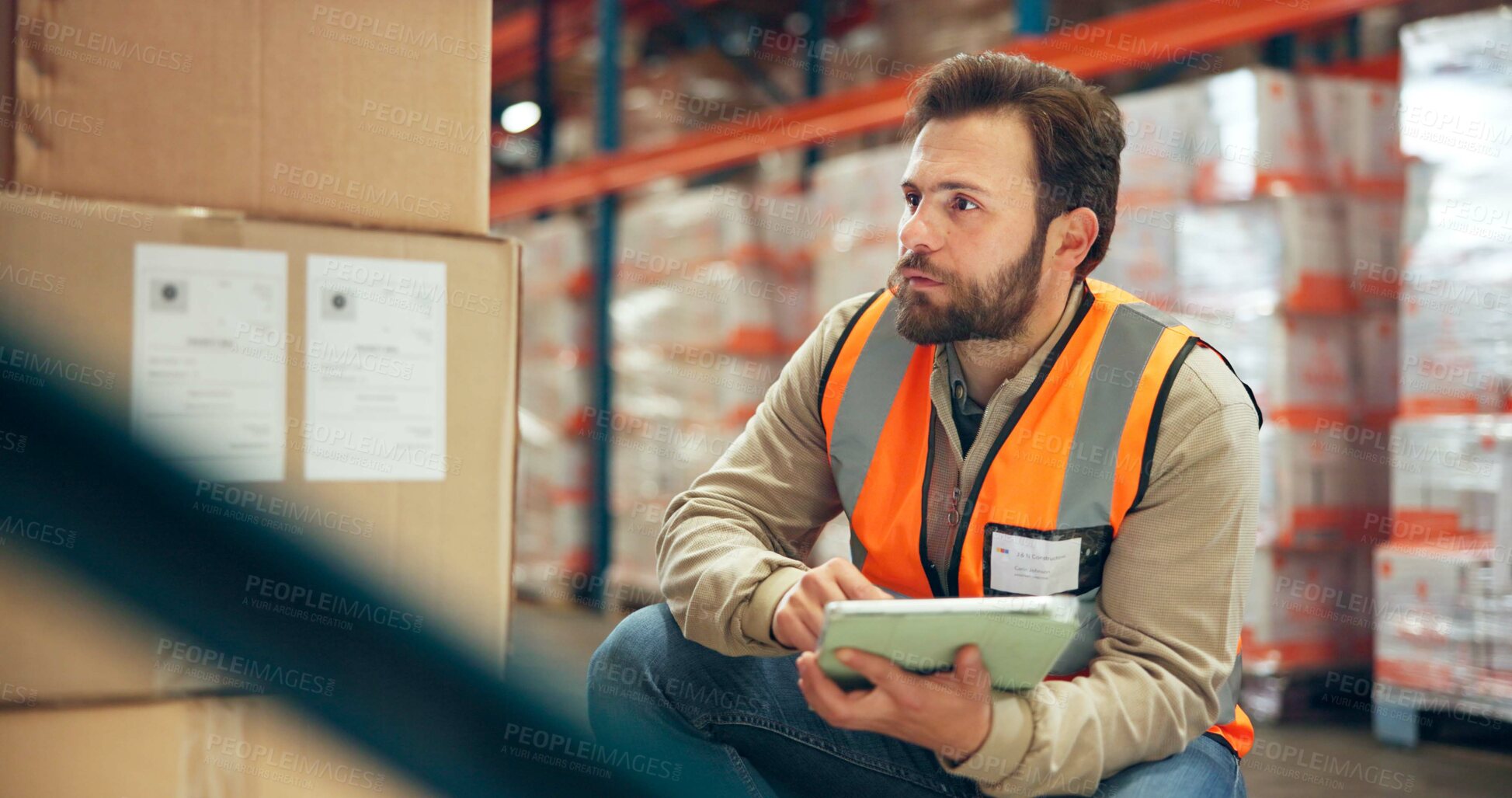 Buy stock photo Man, logistics and boxes with tablet in warehouse for supply chain, shipping info and pricing. Person, package and digital for inventory management, label update and cargo inspection for distribution