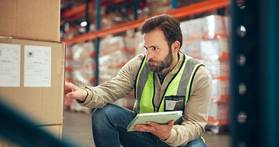 Buy stock photo Logistics, tablet or man with inventory in warehouse for box inspection, label accuracy or shipping. Supply chain, picker and cargo database for order picking, backlog update and package distribution