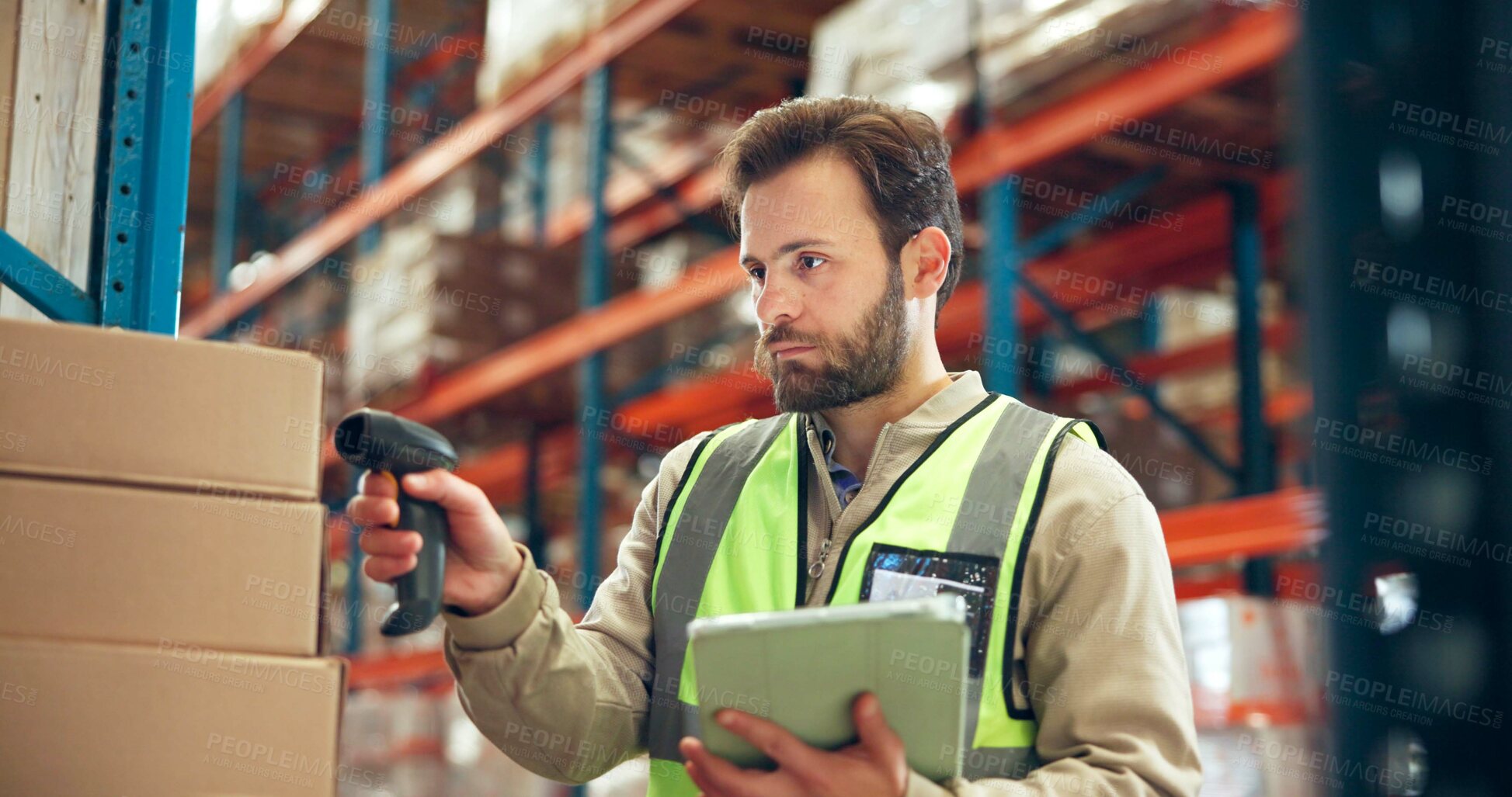 Buy stock photo Logistics, tablet or man with box scanner in warehouse for inventory, package accuracy or shipping. Supply chain, picker or distribution database for stock management, storage system or parcel update