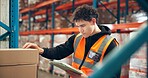 Logistics, tablet or man with box inspection in warehouse for label accuracy, online order or shipping. Supply chain, picker and digital checklist for package distribution, freight info and picking