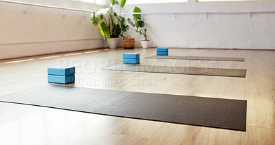 Buy stock photo Pilates, block and equipment with mat in studio for fitness, empty room and wellness class. Yoga session, exercise space and interior of health club for training setup, holistic gear and gym center
