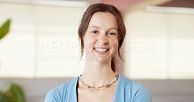 Buy stock photo Portrait, smile and yoga with woman in studio for fitness, holistic health or wellness. Balance, confident and friendly with happy yogi person in class for commitment or dedication to exercise
