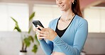 Phone, pilates and hands with woman in studio for social media, workout post or comment. Online yoga forum, communication app and chat with person and mobile in class for wellness, health and fitness