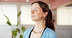 Relax, breathing and woman in studio for meditation in morning with calm, wellness or health. Yoga, spiritual and female person with zen and peace for gratitude, balance or mindfulness for self care.