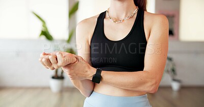 Buy stock photo Fitness, hands and woman with wrist pain in studio from yoga accident, carpal tunnel and muscle ache. Yogi, person and joint inflammation at health club from exercise mistake, discomfort and injury
