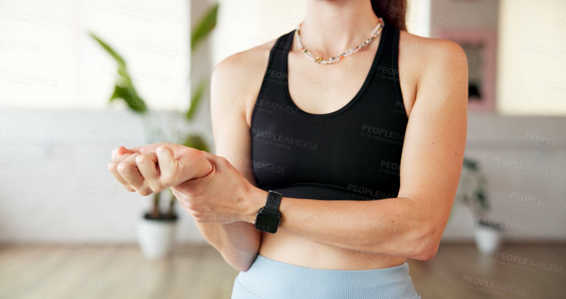 Buy stock photo Fitness, hands and woman with wrist pain in studio from yoga accident, carpal tunnel and muscle ache. Yogi, person and joint inflammation at health club from exercise mistake, discomfort and injury
