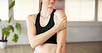 Fitness, hands and girl with shoulder pain in studio from yoga accident, fibromyalgia or muscle ache. Yogi, woman and joint inflammation at wellness club from exercise mistake, discomfort and injury