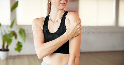 Buy stock photo Fitness, hands and girl with shoulder pain in studio from yoga accident, fibromyalgia or muscle ache. Yogi, woman and joint inflammation at wellness club from exercise mistake, discomfort and injury