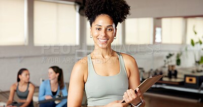 Buy stock photo Fitness, portrait and clipboard for sign up with gym membership, details and registration. Women, smile and personal trainer with paperwork at health club for application, workout contract or form